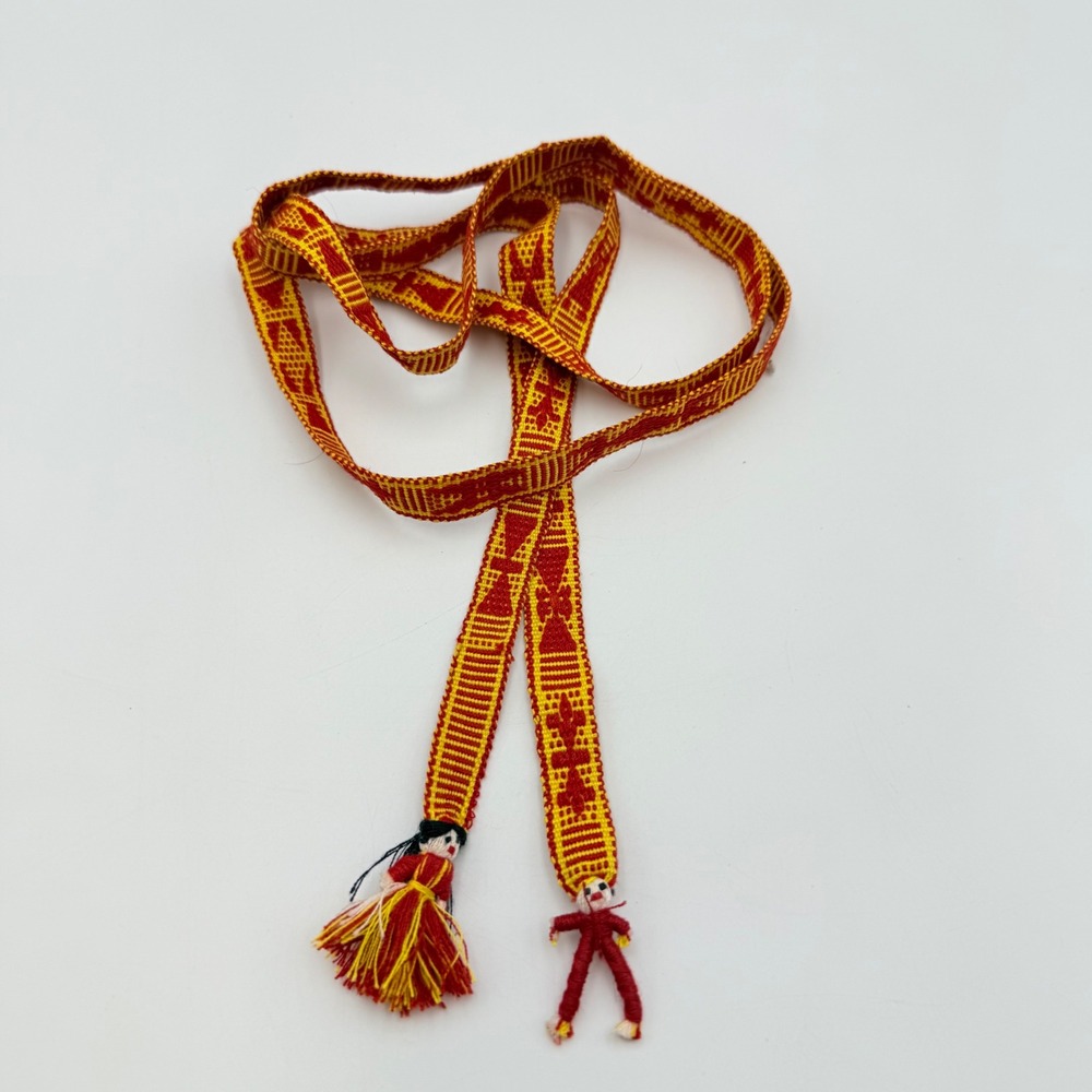 Vintage Guatemalan Handwoven Worry Doll Belt Sash Red Yellow Geometric 52 Inch